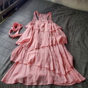 Toto Collection Pink Tiered Ruffled Midi Dress Sleeveless Beachy Bohemian Large